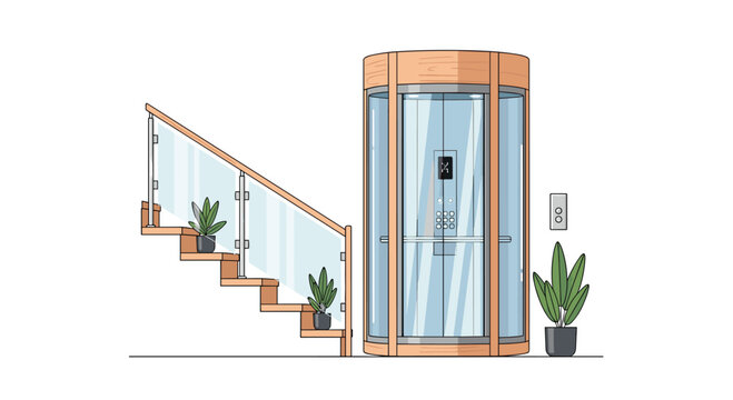 A meticulous illustration of a sleek cylindrical glass elevator with warm wooden frames positioned beside a modern staircase featuring elegant glass railings.