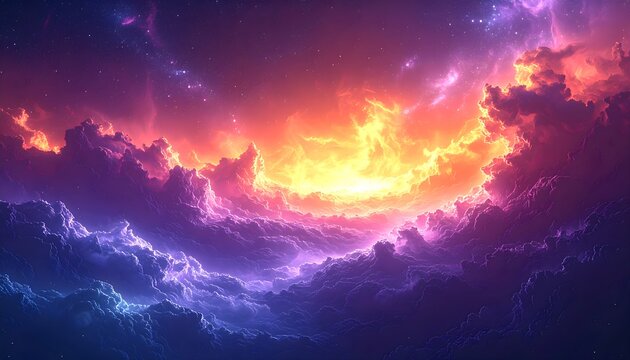 Dramatic cosmic storm with swirling purple clouds and fiery orange nebula glow
