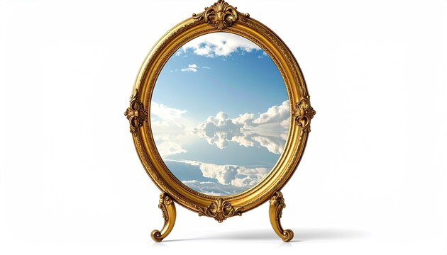 Ornate Gold Oval Mirror Reflecting a Bright Blue Sky with Fluffy White Clouds and a Distant Horizon on a White Background