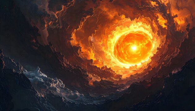 Massive cosmic explosion with fiery orange core and swirling dark clouds in space