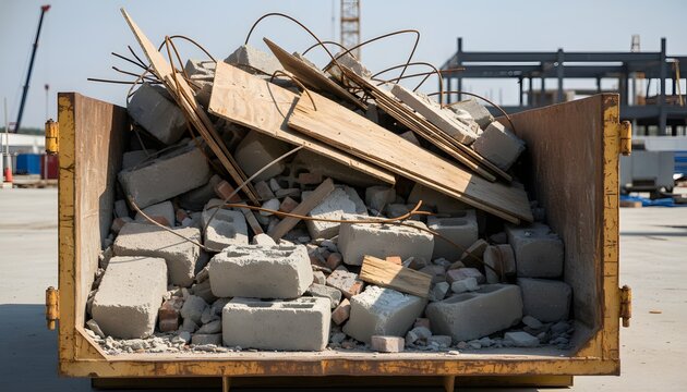 Large yellow metal dumpster overflowing with heavy piles of construction debris including concrete blocks and rebar at a building site for industrial waste management concept
