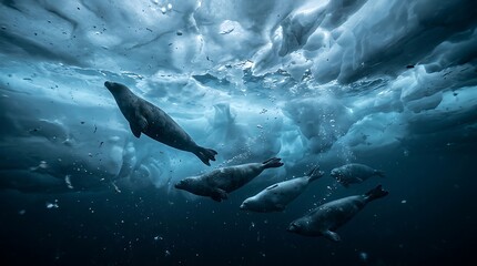 Obraz premium Group of Seals Swimming Beneath Ice in Cold Ocean Water