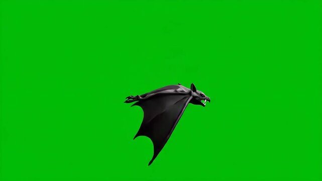 A menacing black bat with sharp fangs and large wings flies in a loop against a bright green screen. Ideal for Halloween, horror, or fantasy projects requiring a creature overlay.