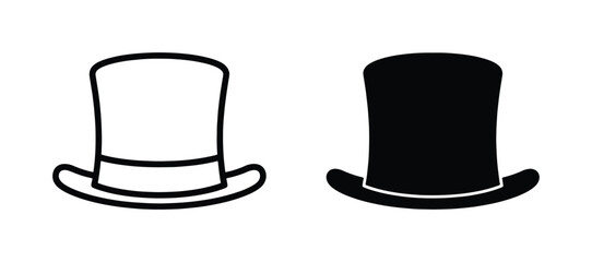 Vintage top hat vector icons, classic black gentleman headwear silhouette, elegant formal attire accessory set for wedding and magic themes © Hasan