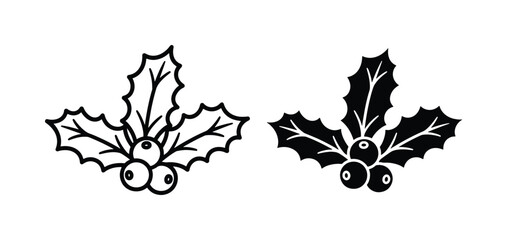 Minimalist holly berry vector icons, black and white Christmas foliage line art, hand drawn winter holiday botanical elements for festive design © Fatema