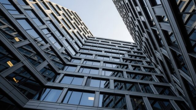 A low-angle view of a modern skyscraper with a complex geometric design
