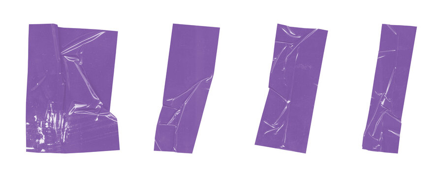 Set of violet duct tape pieces with crumpled plastic surface textures.