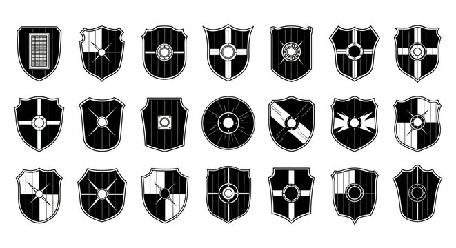 Collection of 20 unique black and white shield icons with various geometric designs and patterns on a white background