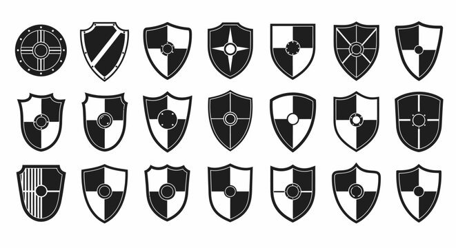Collection of 20 black and white shield icons with various designs and patterns on a plain white background for protection and security concepts