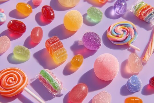 Assortment of colorful candies and sweets scattered on a pastel purple surface