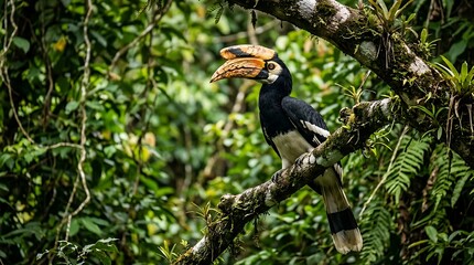 Obraz premium Harpy Eagle Sitting on Tree Branch in Dense Jungle with Lush Green Foliage