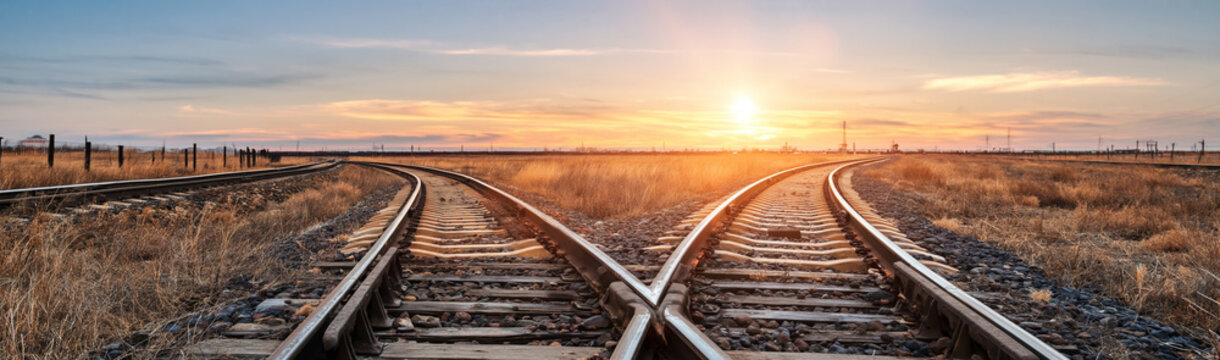 Two railway tracks diverge in a wide open field at sunset with a bright sunflare