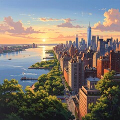 Fototapeta premium A serene cityscape at sunset with skyscrapers and lush greenery