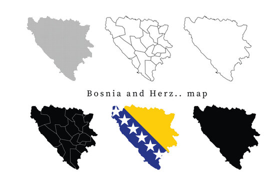 Set of Bosnia and Herzegovina map silhouettes featuring administrative divisions, dotted patterns, line art outlines, and the national flag version.
