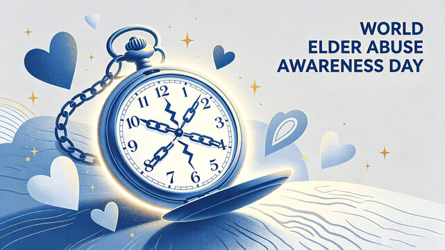 The design of pocket watches and chains represents World Elder Abuse Awareness Day, symbolizing time and freedom, and is compatible with themed posters
