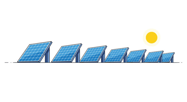 A series of modern blue solar panels stands in a neat row capturing bright sunlight under a clear and brilliant white sky during a sunny day today.