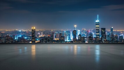 Obraz premium A vibrant city skyline at night with illuminated skyscrapers and a peaceful atmosphere