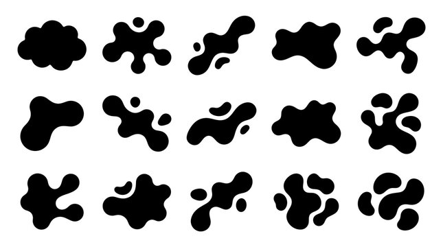 Black Ink Splatter Shapes, Fluid Abstract Blobs, Graphic Design Elements