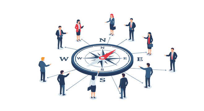 Diverse corporate professionals stand at various cardinal points around a large isometric floor compass while pointing toward strategic growth directions on a clean backdrop.