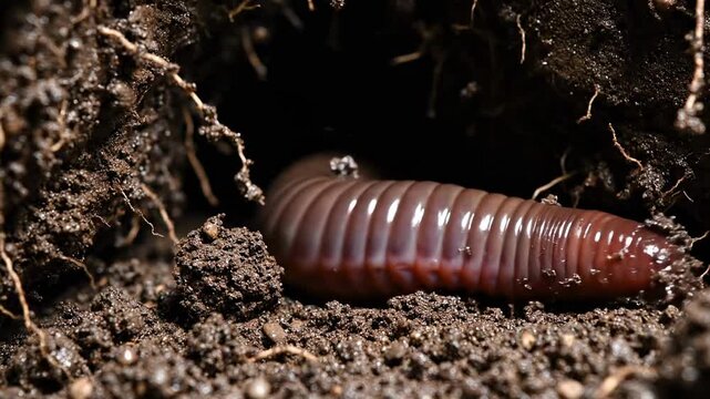 Macro video of an earthworm emerging from a shadowy burrow in rich garden soil, highlighting segmented anatomy, damp organic particles, and the hidden rhythm of subterranean fertility below