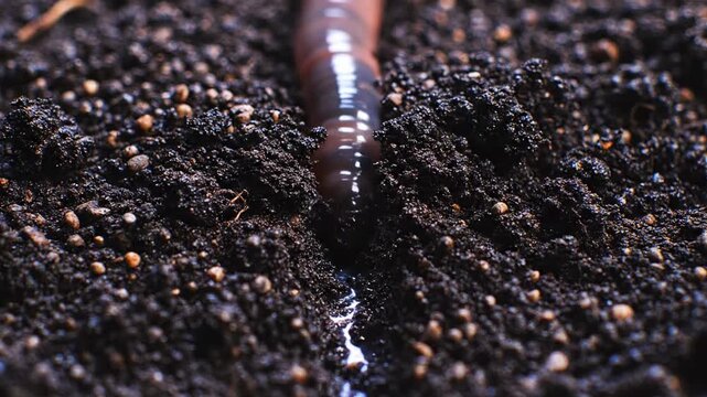 Macro footage of an earthworm traveling along a damp furrow through dark soil, with reflective moisture tracing its path and emphasizing underground hydration, movement, and fertile terrain