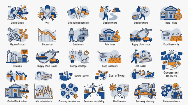 Global Crisis Infographic Icon Set Economy War Energy Climate Supply Chain Vector Illustration