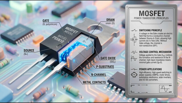 Ultra realistic 3D visualization of MOSFET power transistor with labeled gate source drain and electron flow, cinematic lighting and structured explanation panel describing switching mechanism in p...