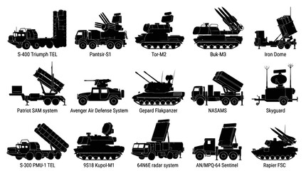 Obraz premium Black and White Line Art of Air Defense Systems and Missile Launchers
