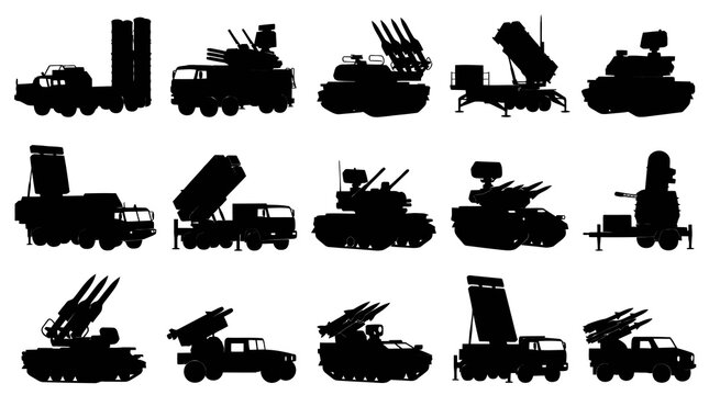 Black Silhouette Military Missile Launchers and Vehicles Vector Icons