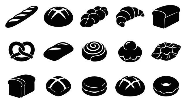 Black and White Icons of Various Baked Bread and Pastry Items