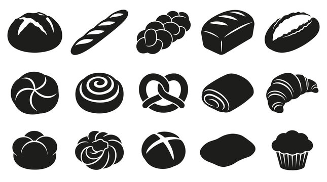 Bakery Food Bread and Pastry Glyph Icons Set. Black and White Baked Goods Silhouettes.