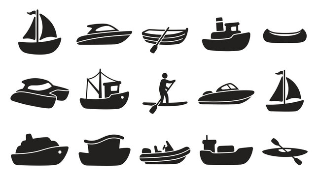Black and white icons of various boats and watercraft, Glyph style