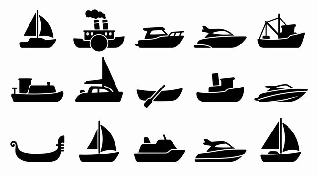 Nautical Marine Transportation Boat and Ship Icons Vector Silhouette Set