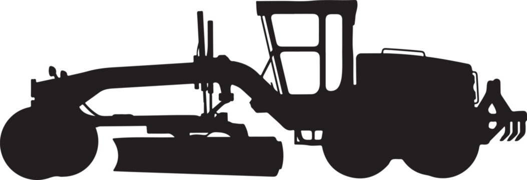 Black silhouette of a motor grader construction vehicle isolated on a white background