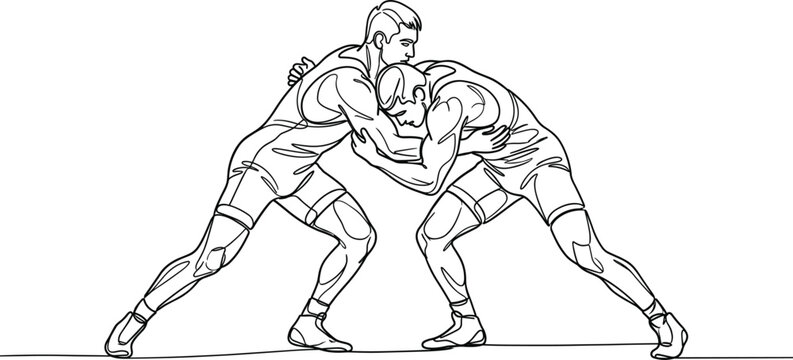 Wrestling athletes grappling in competitive match strength training sport combat action line art vector illustration