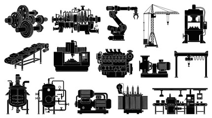 Obraz premium Industrial Machinery Equipment Icons - Black White Vector Set