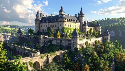 Obraz premium Medieval castle on hilltop with stone bridge and lush green forest in sunny daylight