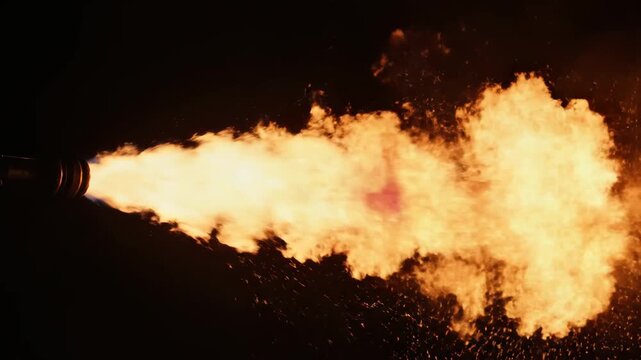 A powerful flamethrower emits a vibrant stream of orange and yellow fire with sparks against a dark background.