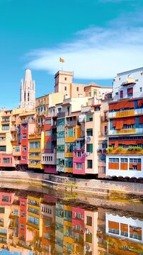 Colorful houses of Onyar river in Girona, historic old town architecture with water reflection, scenic travel destination in Catalonia, Spain.