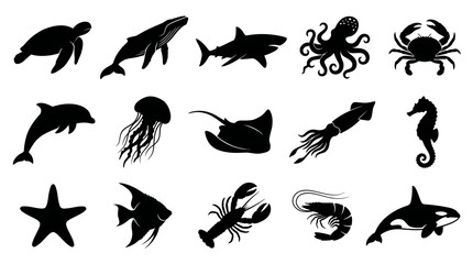 Obraz premium Marine Life Animals Vector Silhouette Set - Ocean Creatures Glyphs Icons