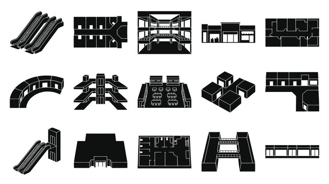 Architecture and Building Glyph Icons Set: Structures, Floor Plans, Escalators