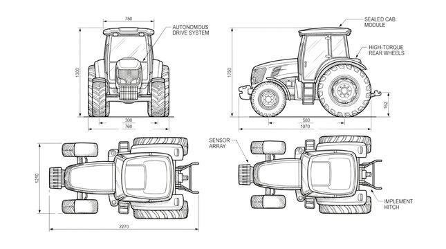Autonomous Tractor CAD Blueprint, Agricultural Vehicle Technical Line Drawing Fron,t Side, Top Views