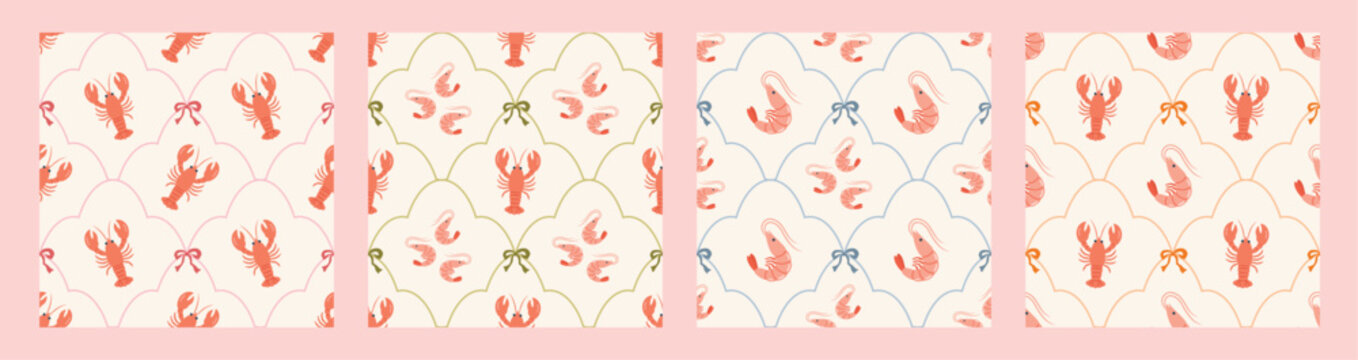 Seamless pattern with hand drawn lobster, shrimp, ribbon, and bow. Coquette mediterranean elegant background. Marine vintage wallpaper with seafood, crawfish. Summer coastal ocean print.