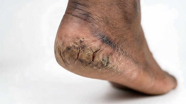 Close up of cracked dry heel skin on a foot with visible calluses and wrinkles on the heel area