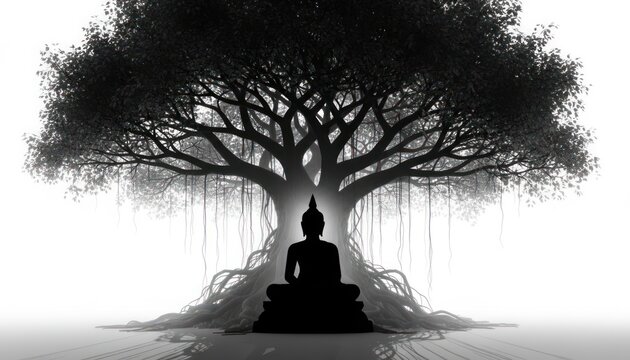 Zen Buddha silhouette under Bodhi tree, spiritual meditation under sacred banyan tree, black and white enlightenment concept art for wellness