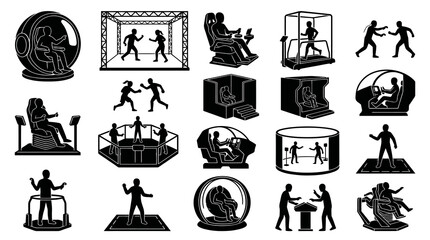Obraz premium VR arcade and simulation technology icons, black and white glyph art