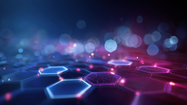 Glowing hexagonal tech grid with fiber optic data lines, futuristic digital network and data transfer technology concept.