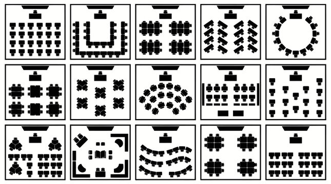 Corporate Meeting Room Setups Black  White Vector Diagrams Collection