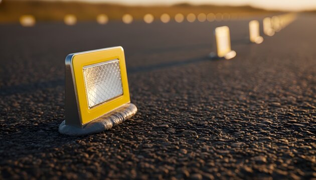 Close up of a raised pavement marker installation on an asphalt road during sunset for transport safety concept, featuring warm lighting and shallow depth of field