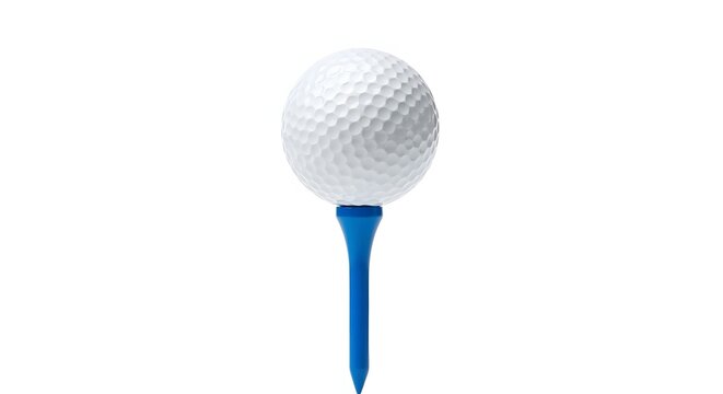 White golf ball resting on a vibrant blue tee against white background.